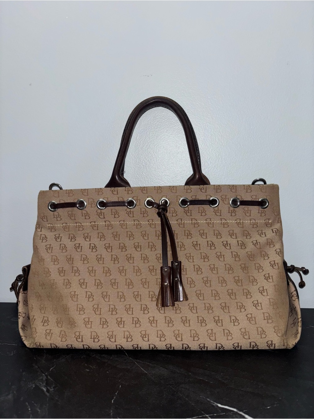 👡Vintage Dooney & Bourke Tan and Dark Brown Monogram Satchel with Tassel